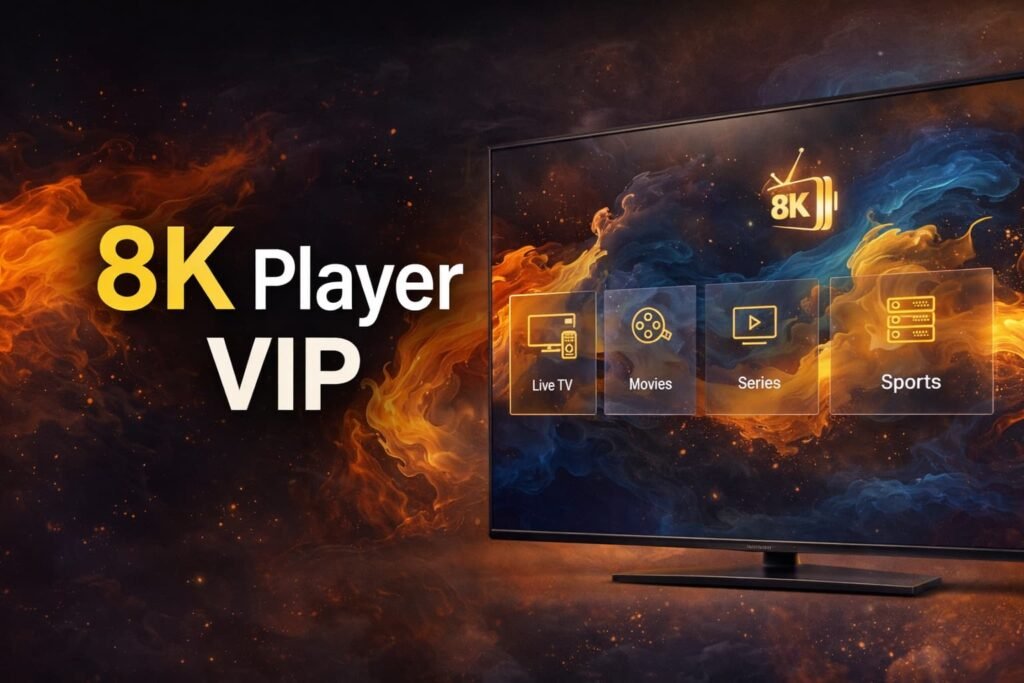 8K Player VIP IPTV setup screen with playlist and live TV options