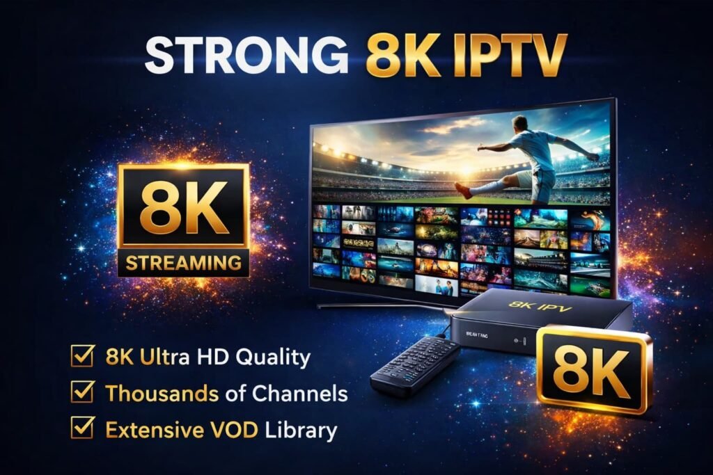 Strong 8K IPTV streaming interface on Smart TV showing live channels and ultra HD quality